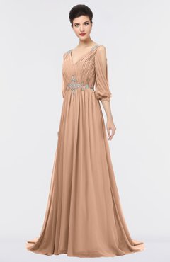 ColsBM Joyce Almost Apricot Mature A-line V-neck Zip up Sweep Train Beaded Bridesmaid Dresses