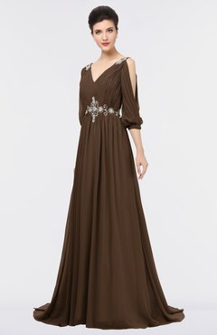 ColsBM Joyce Chocolate Brown Mature A-line V-neck Zip up Sweep Train Beaded Bridesmaid Dresses