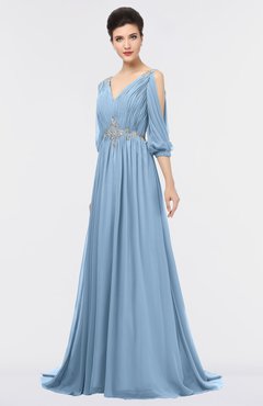 ColsBM Joyce Dusty Blue Mature A-line V-neck Zip up Sweep Train Beaded Bridesmaid Dresses