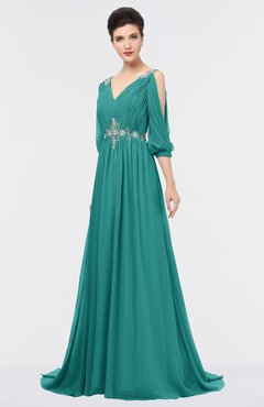 ColsBM Joyce Emerald Green Mature A-line V-neck Zip up Sweep Train Beaded Bridesmaid Dresses