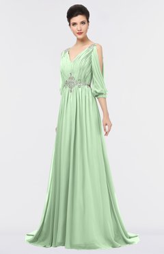 ColsBM Joyce Light Green Mature A-line V-neck Zip up Sweep Train Beaded Bridesmaid Dresses
