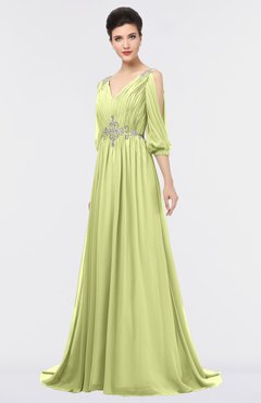 ColsBM Joyce Lime Green Mature A-line V-neck Zip up Sweep Train Beaded Bridesmaid Dresses