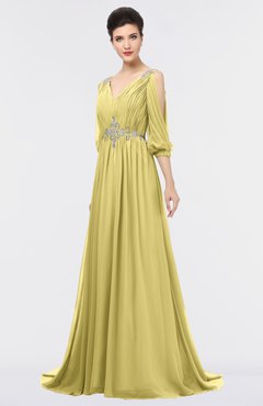 ColsBM Joyce Misted Yellow Mature A-line V-neck Zip up Sweep Train Beaded Bridesmaid Dresses