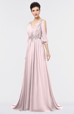 ColsBM Joyce Petal Pink Mature A-line V-neck Zip up Sweep Train Beaded Bridesmaid Dresses