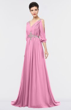 ColsBM Joyce Pink Mature A-line V-neck Zip up Sweep Train Beaded Bridesmaid Dresses