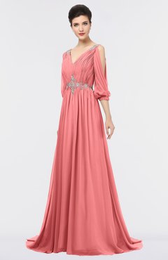 ColsBM Joyce Shell Pink Mature A-line V-neck Zip up Sweep Train Beaded Bridesmaid Dresses