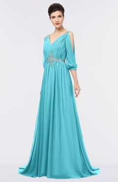 ColsBM Joyce Turquoise Mature A-line V-neck Zip up Sweep Train Beaded Bridesmaid Dresses