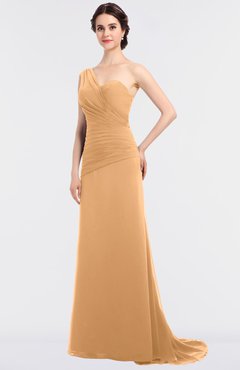 ColsBM Ruby Apricot Elegant A-line Asymmetric Neckline Sleeveless Zip up Sweep Train Bridesmaid Dresses