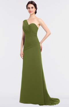 ColsBM Ruby Olive Green Elegant A-line Asymmetric Neckline Sleeveless Zip up Sweep Train Bridesmaid Dresses
