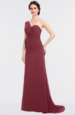 ColsBM Ruby Wine Elegant A-line Asymmetric Neckline Sleeveless Zip up Sweep Train Bridesmaid Dresses