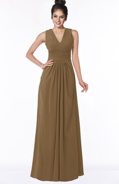 ColsBM Isla Truffle Elegant V-neck Sleeveless Chiffon Floor Length Ruching Bridesmaid Dresses