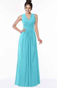 ColsBM Isla Turquoise Elegant V-neck Sleeveless Chiffon Floor Length Ruching Bridesmaid Dresses