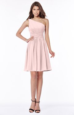 ColsBM Julia Pastel Pink Classic One Shoulder Sleeveless Chiffon Knee Length Ruching Bridesmaid Dresses