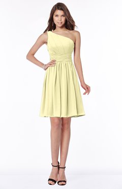 ColsBM Julia Soft Yellow Classic One Shoulder Sleeveless Chiffon Knee Length Ruching Bridesmaid Dresses