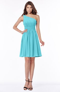 ColsBM Julia Turquoise Classic One Shoulder Sleeveless Chiffon Knee Length Ruching Bridesmaid Dresses