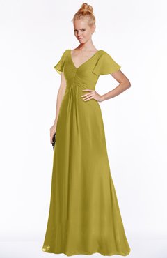 ColsBM Ellen Golden Olive Modern A-line V-neck Short Sleeve Zip up Floor Length Bridesmaid Dresses