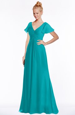 ColsBM Ellen Peacock Blue Modern A-line V-neck Short Sleeve Zip up Floor Length Bridesmaid Dresses