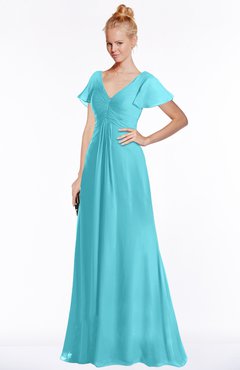 ColsBM Ellen Turquoise Modern A-line V-neck Short Sleeve Zip up Floor Length Bridesmaid Dresses