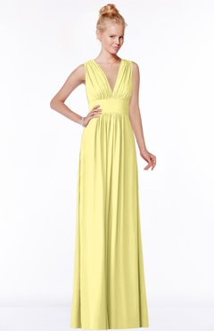 ColsBM Carolyn Pastel Yellow Classic V-neck Sleeveless Zip up Ruching Bridesmaid Dresses