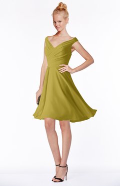 ColsBM Chloe Golden Olive Classic Fit-n-Flare Zip up Chiffon Knee Length Ruching Bridesmaid Dresses