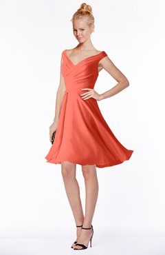 ColsBM Chloe Living Coral Classic Fit-n-Flare Zip up Chiffon Knee Length Ruching Bridesmaid Dresses