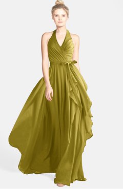 ColsBM Anya Golden Olive Glamorous A-line Sleeveless Zip up Chiffon Ribbon Bridesmaid Dresses