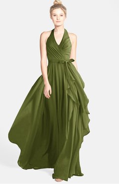 ColsBM Anya Olive Green Glamorous A-line Sleeveless Zip up Chiffon Ribbon Bridesmaid Dresses