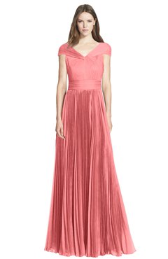 ColsBM Bryanna Coral Classic Fit-n-Flare V-neck Short Sleeve Zip up Chiffon Bridesmaid Dresses