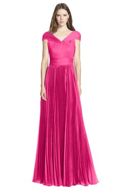 ColsBM Bryanna Fandango Pink Classic Fit-n-Flare V-neck Short Sleeve Zip up Chiffon Bridesmaid Dresses