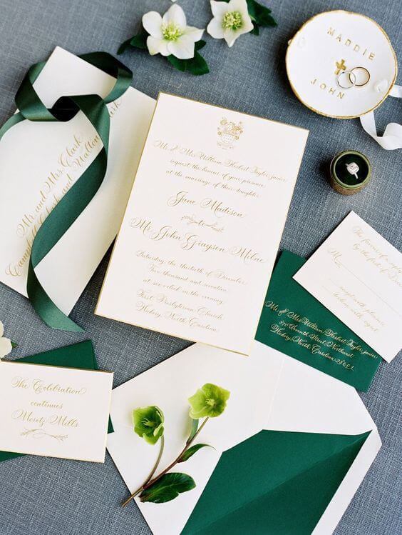 wedding invitations for Green, Ivory and Gold Winter Wedding