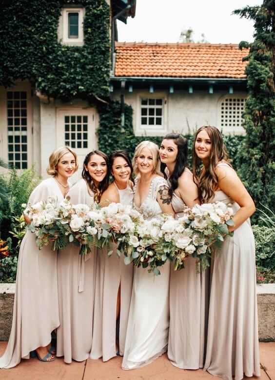 Champagne and Green May Wedding: Champagne Bridesmaid Dresses, Greenery ...