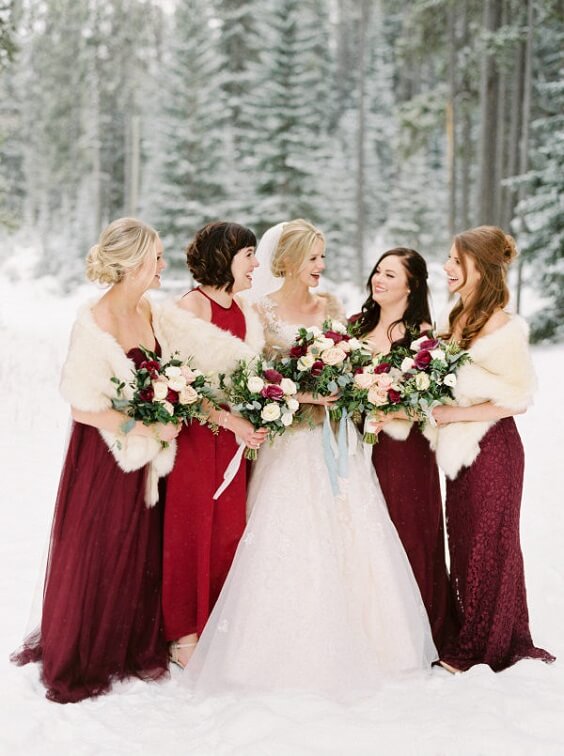 Dark Red and Pink Winter Wedding, Dark Red Bridesmaid Dresses, Red and ...
