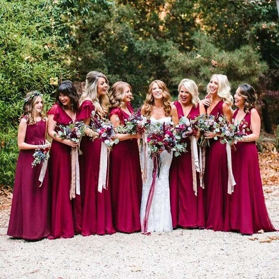 Fall Wedding - Maroon Bridesmaid Dresses and Navy Man's Suit with ...