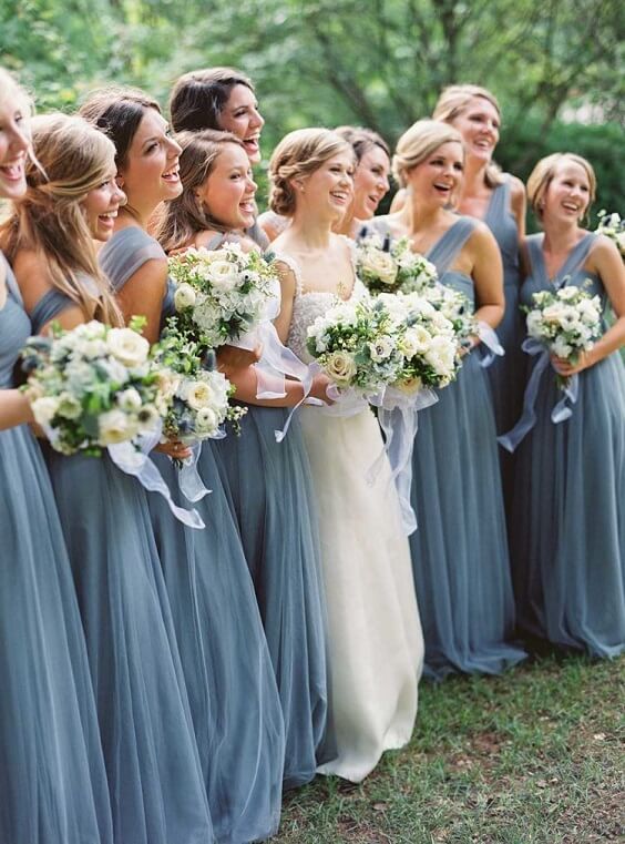 Spring Wedding - Dusty Blue Bridesmaid Dresses and Blush Bouquets with Blue  Ribbons - ColorsBridesmaid