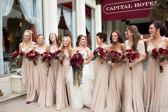 Fall Wedding-Champagne Bridesmaid Dresses Paired with Burgundy Bouquets ...