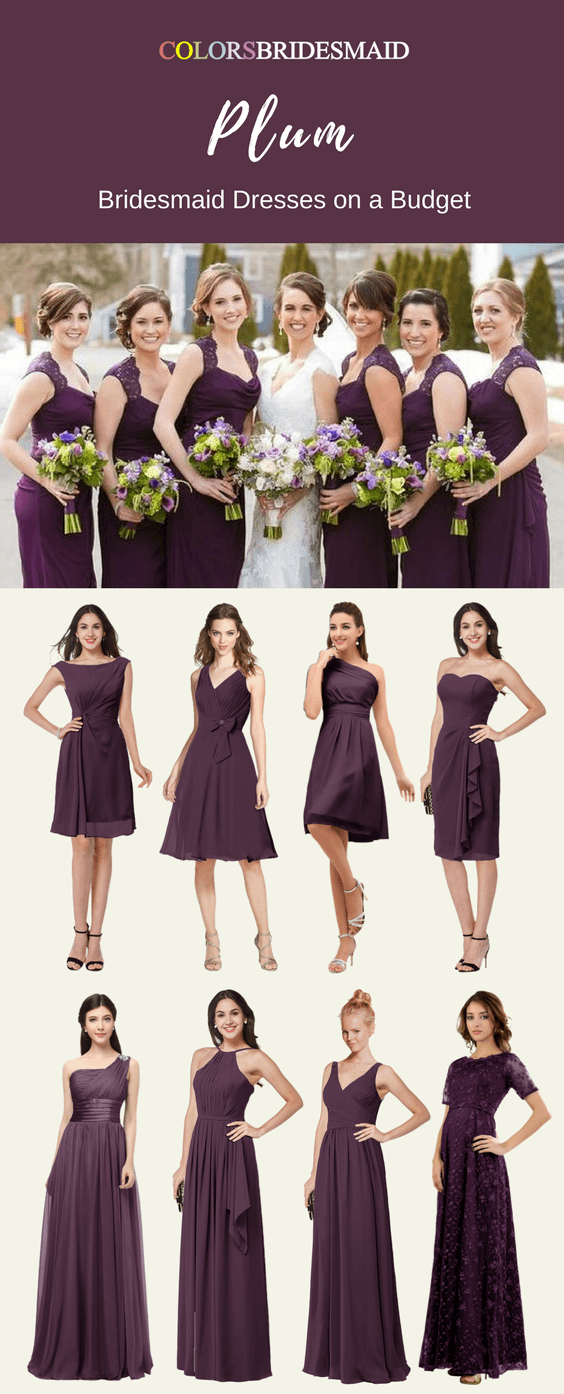 September Wedding: Plum Bridesmaid Dresses Paired with Grey Men's Suits ...
