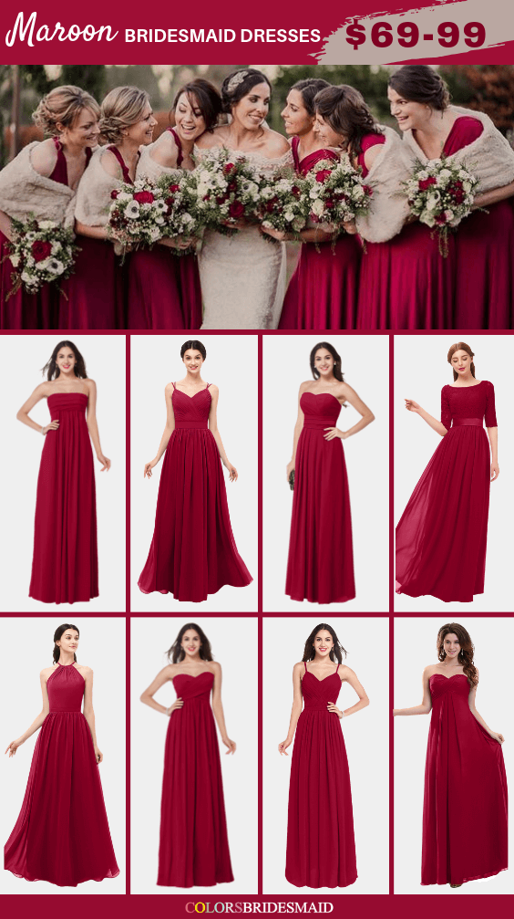 Fall Wedding - Maroon Bridesmaid Dresses and Navy Man's Suit with ...
