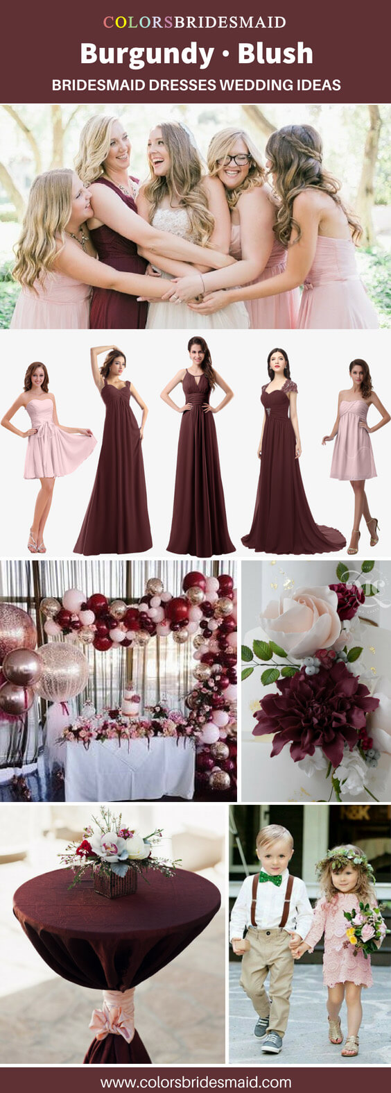 blush wedding dress with burgundy bridesmaids